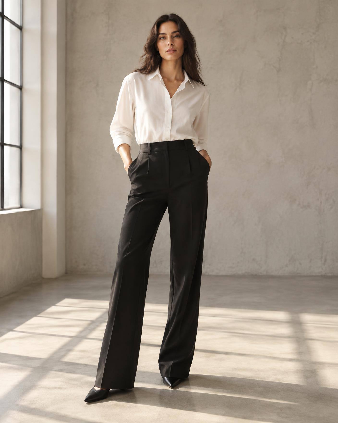 Woman wearing the HANG black tailored trouser in a sunlit studio
