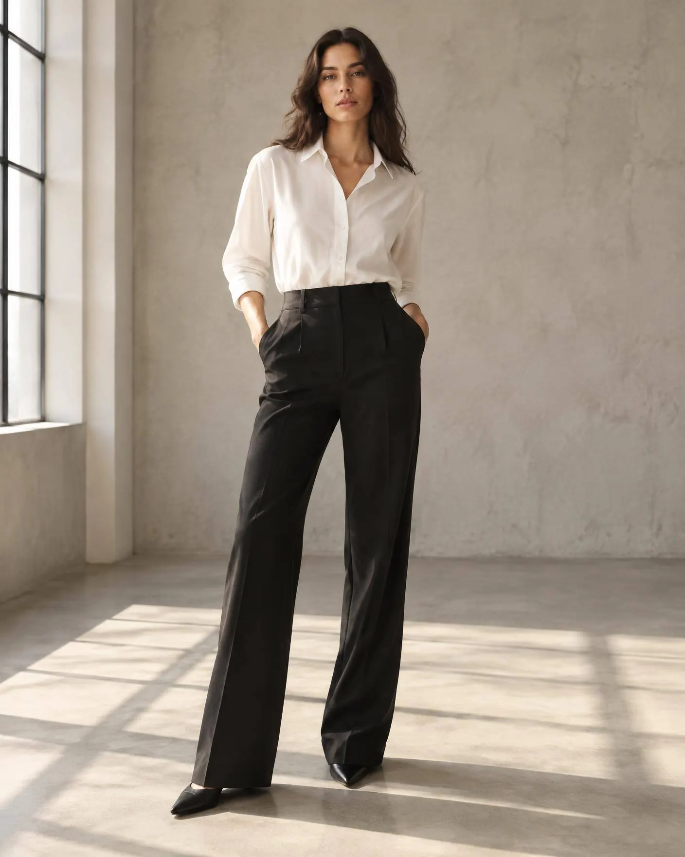 Woman wearing the HANG black tailored trouser in a sunlit studio